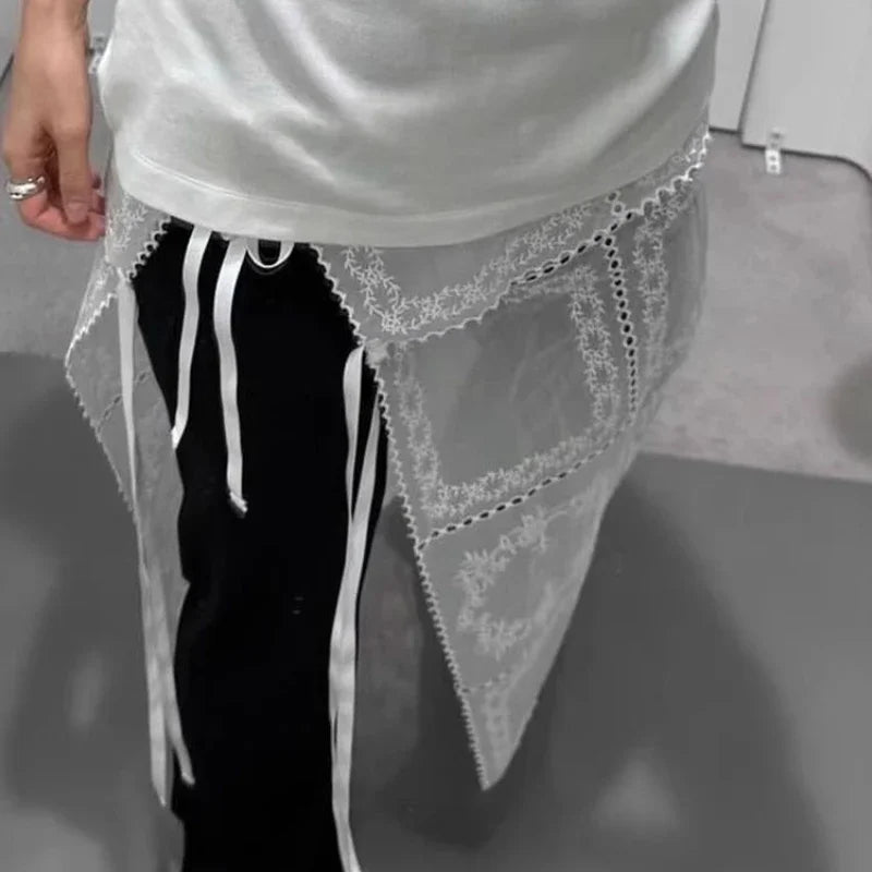 pantsparadises Korean Style Lace Skirts White Y2k 2000s Women Tulle Vintage Harajuku Mesh Overlay Long Skirt Lace Up Retro Streetwear