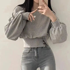 pantsparadises FALL OUTFITS Autumn Women Solid O-Neck Slim Crop Top Lantern Sleeve With Button  Sweat Casual Hip-Hop Sporty Pullover Sweet Chic Street Wear