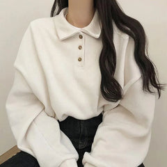 Fall Winter Ribbed Pullovers Women Casual Simple Preppy Style Student Turndown Collar Sweater Korean Button-up Blouses