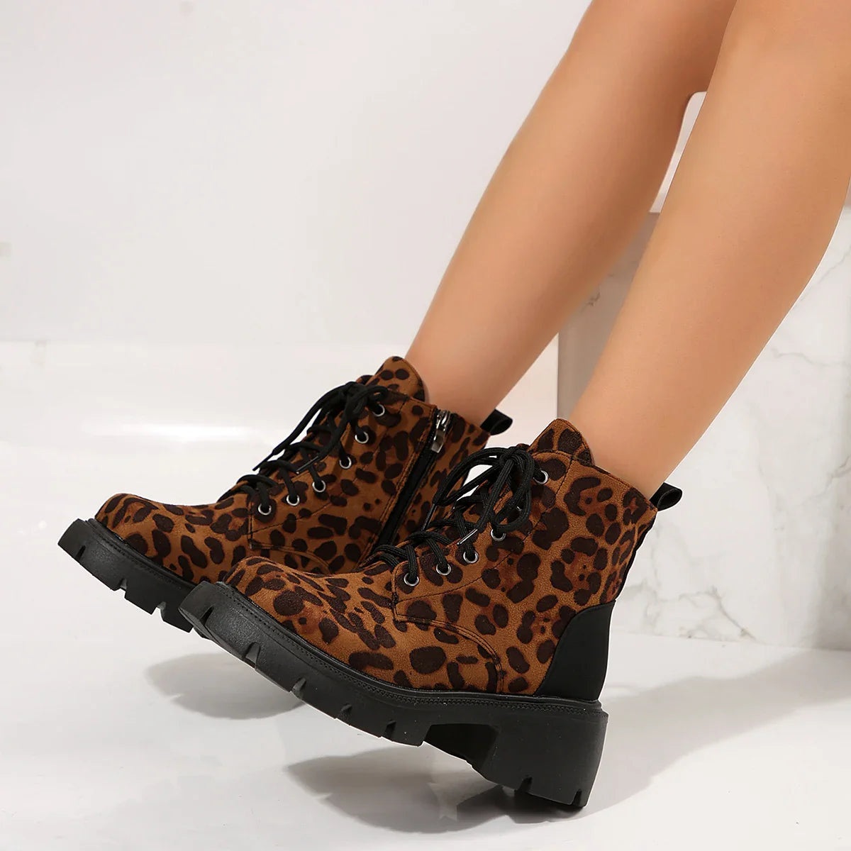 pantsparadises Sexy Leopard Ankle Boots for Women Autumn Winter Low Square Heels Plus Size 43 Short Booties Shoes Woman Motorcycle Boots