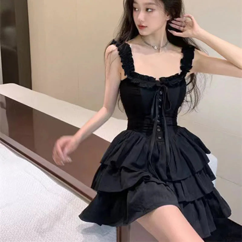 pantsparadises Gothic Black Sexy Slip Dress Y2K Harajuku Streetwear Punk Lace Up Cake Dress Female Summer Korean Fashion Party Ruffles Dresses