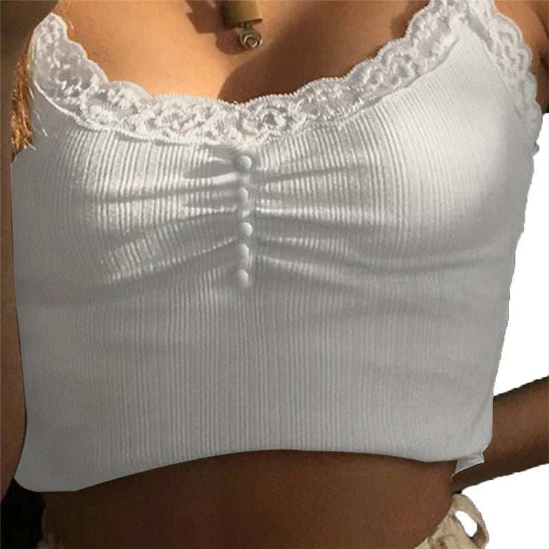 pantsparadises White Lace Patchwork Tank Top Summer Women Home y2k Fashion Leisure Outfit Basic Casual Crop Tops Lolita Kawaii Clothes