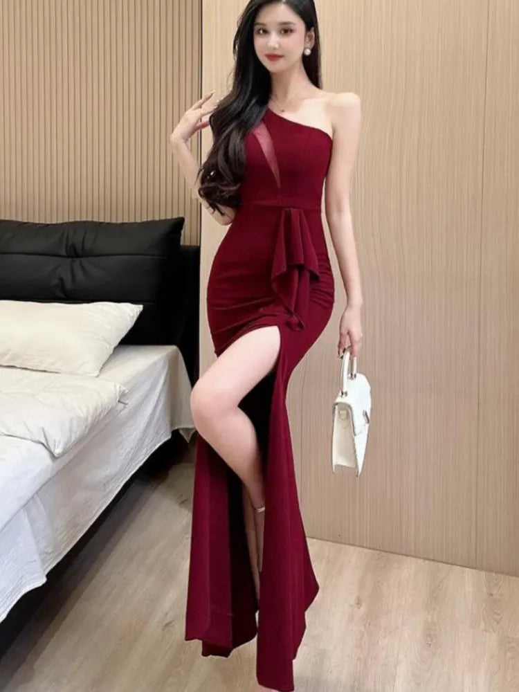 pantsparadises Women Sexy Backless Slim Split Long Dress Summer Fashion Elegant Sleeveless Off Shoulder Elegant Club Party Mesh Dresses