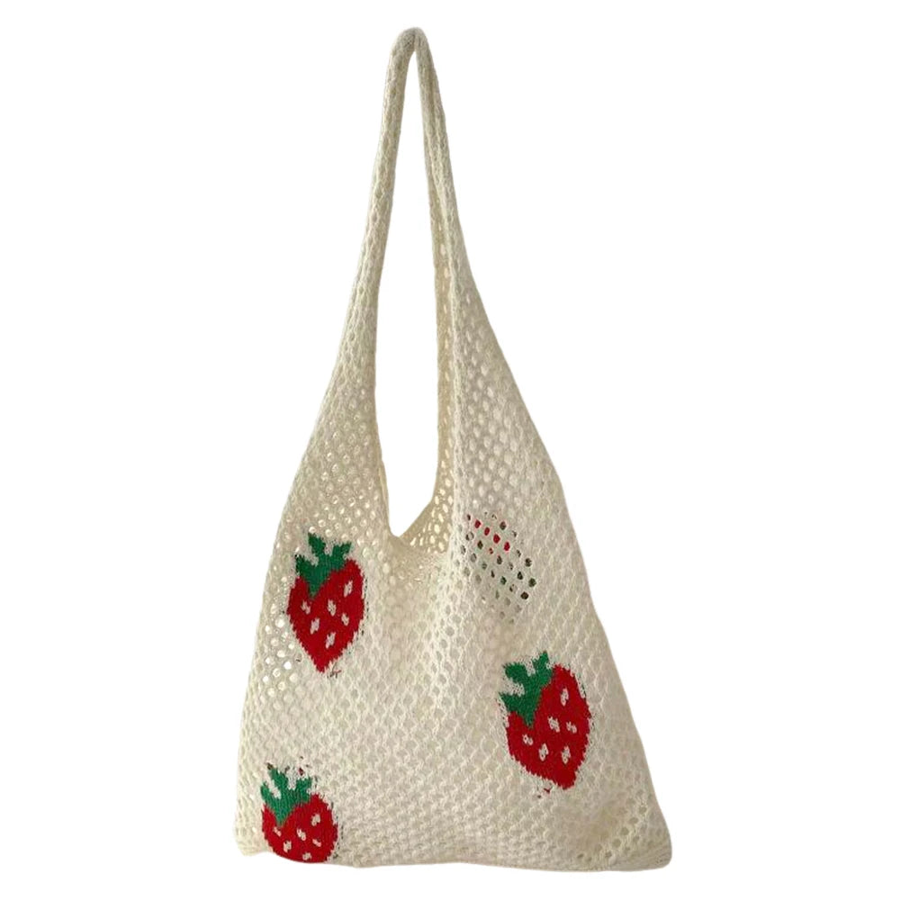 pantsparadises Cute Strawberry Cherry Crochet Shoulder Bag for Women Large Shopper Bag Casual Tote Handbags Summer Beach 2024 New Women's Bag