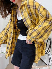 pantsparadises Fashion Plaid Women Shirt Fashion Korean Oversize Tops Harajuku Daily All-match Long Sleeve Chic Female Yellow Shirts New