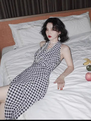 pantsparadises DRESS TO IMPRESS Korean Elegant Long Plaid Dress Women Sexy Sleeveless Party Fairy Dress Female 2024 Summer V-neck Fashion Vintage Casual Dresses