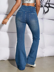 pantsparadises Women Fashion Chic Flare Leg Jeans Rave Festival V Asymmetric Waist Patched Pocket Slim Denim Pants Mujer