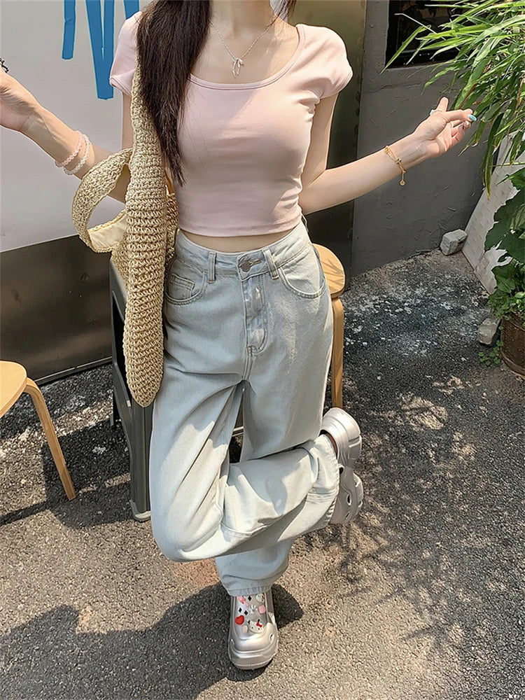 pantsparadises Women's Pink Bow Embroidered Light Blue Jeans Young Girl Street Straight Bottoms Vintage Casual Trousers Female Wide Leg Pants