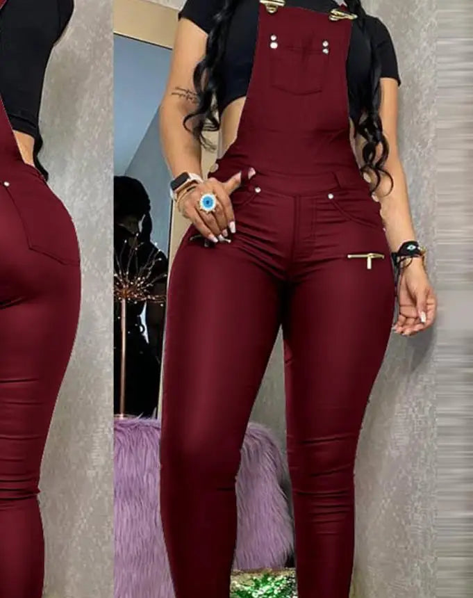 pantsparadises Cool Stylish High-End Buckle Zipper Design Solid Color Jumpsuit Pants Slim Fit High Waisted Tight Fitting Ankle Strap Overalls