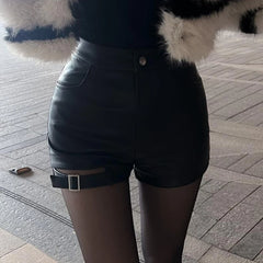 pantsparadises Sexy Black Pu Leather Shorts Women's Autumn and Winter Tight Gothic High Waist Shorts Street Fashion Y2K Hot Girl Outfit