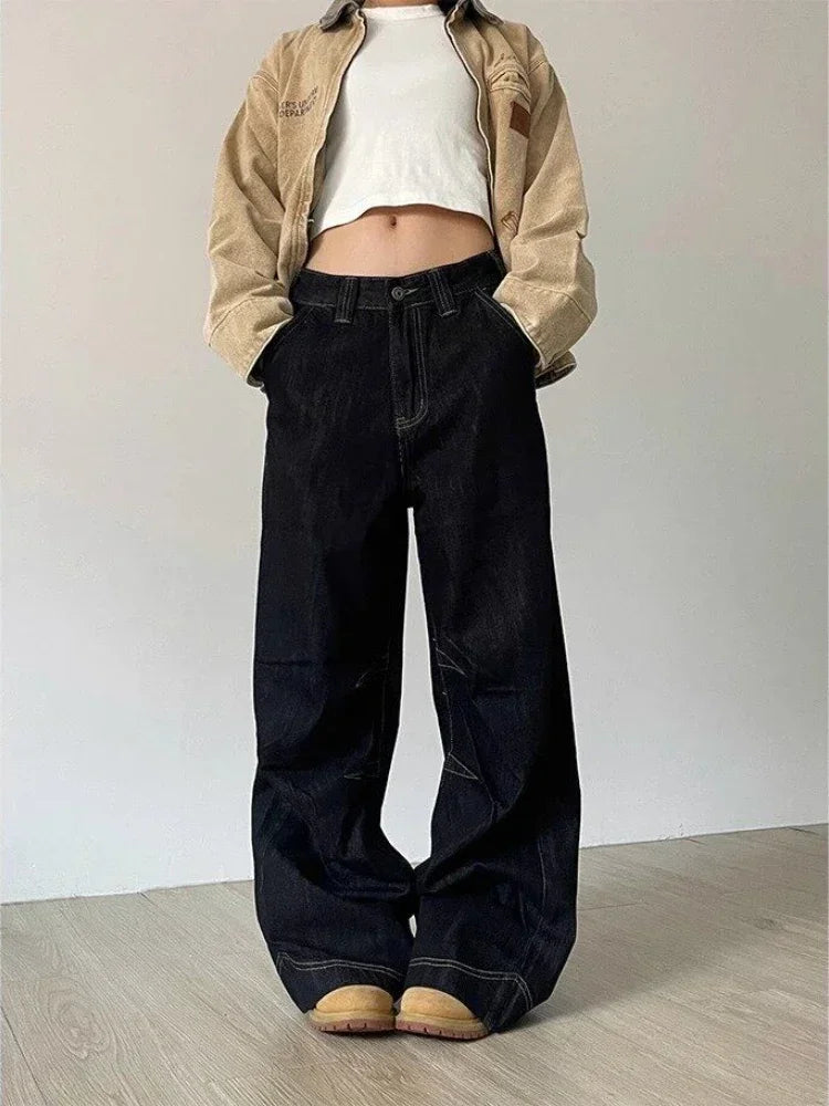 pantsparadises Grunge Black Jeans Women Y2k Vintage Oversized High Street Wide Cargo Denim Trousers Casual Baggy Straight Denim Pants