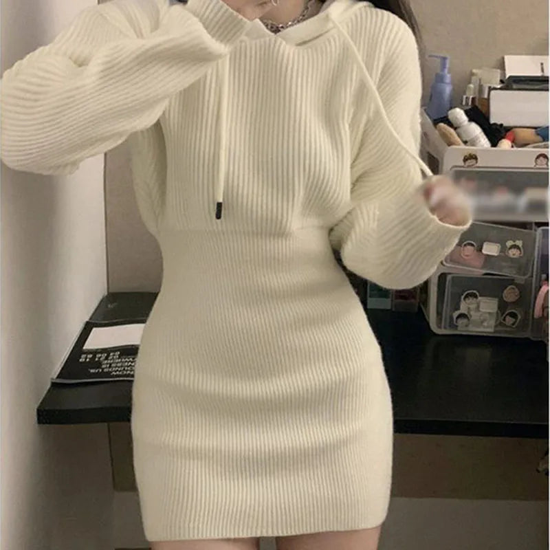 pantsparadises Sexy White Thicken Knit Mini Dress Woman Korean Elastic High Waist Bandage Dresses Women Hooded Outwear Long Sleeve Slim Dress