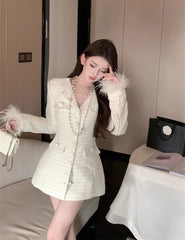 pantsparadises Elegant Fur Patchwork Women Jacket Autumn Single Breasted Turn-down Collar Korean Slim Waist Medium-long Coat