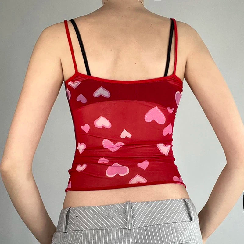 pantsparadises Sexy Transparent Camis y2k Cute Heart Print Sleeveless Strap Cropped Top Women Clubwear See Through Tees Summer Harajuku