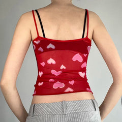 pantsparadises Sexy Transparent Camis y2k Cute Heart Print Sleeveless Strap Cropped Top Women Clubwear See Through Tees Summer Harajuku