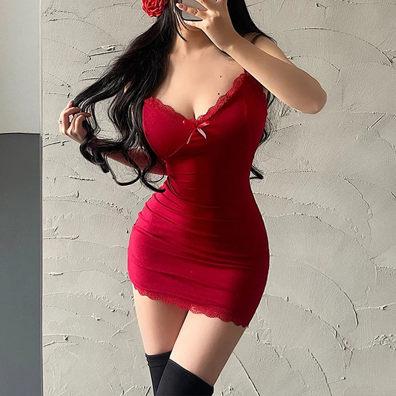 pantsparadises DRESS TO IMPRESS Sexy Lace Splicing Sleeveless Mini Dress Women Skinny Sling Red Sundress Short Club Summer Black Bodycon Dresses Party Girls