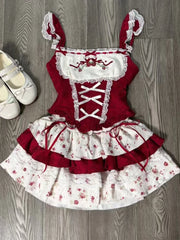 pantsparadises France Vintage Slim Square Neck Print 2 Piece Set Women Sweet Cute Lace Bow Patchwork Tops Female + High Waist Short Skirt