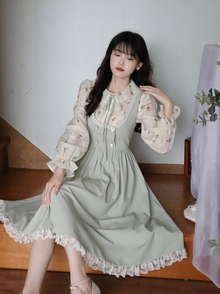 pantsparadises DRESS TO IMPRESS Green Elegant Vintage Strap Dress Women Spring Lace Evening Party Midi Dresses Ladies Retro Korean Sweet Kawaii Fairy Dress