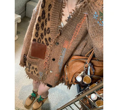 pantsparadises Label Patchwork Leopard Cardigan Sweater Women Retro Ripped Tassels Button Down Knit Jacket Thick Warm Winter Outwear