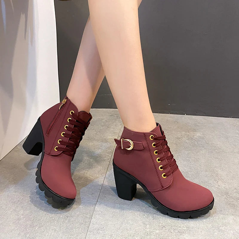 pantsparadises Boots Women Shoes Women Fashion High Heel Lace Up Ankle Boots Ladies Buckle Platform Artificial Leather Shoes bota feminina