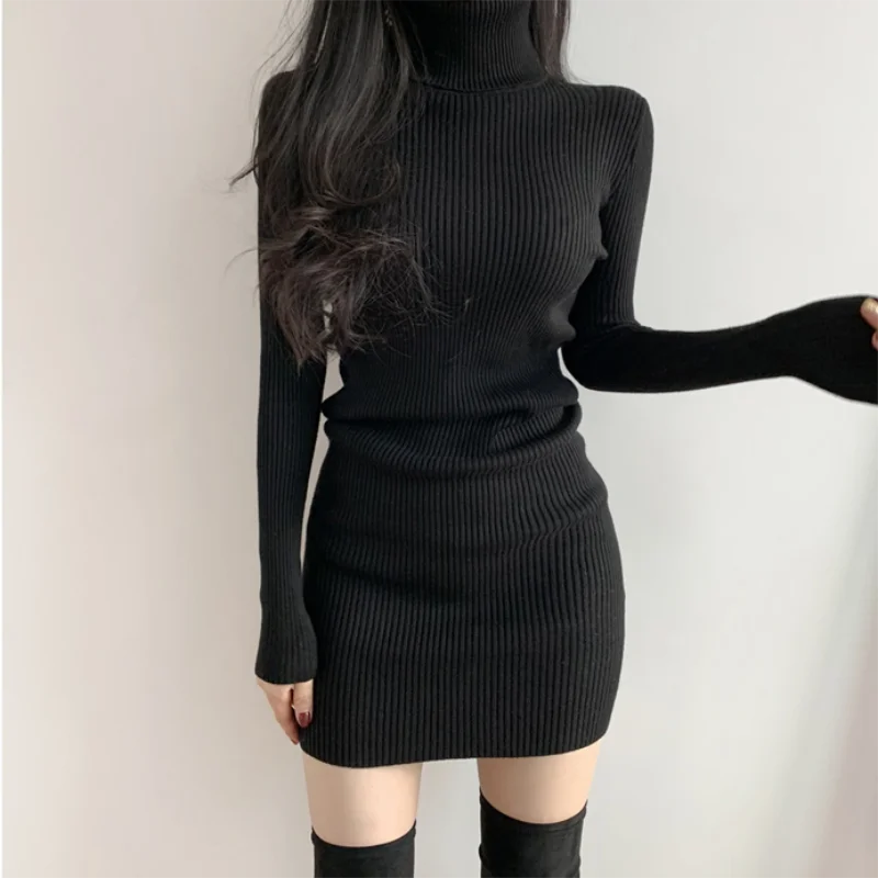 pantsparadises trashy outfits Women Autumn Winter Turtleneck Warm Bodycon Dress Long Sleeve Knit Solid Office Pullover Sexy Mini Dress for Ladies