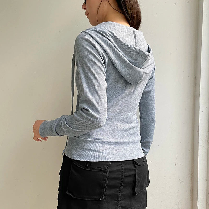 pantsparadises Casual Hoodies Gray Women'S Sweatshirts Harajuku Y2K Long Sleeves Female Hooded Pocket Slim Fit Coat Autumn Korean New