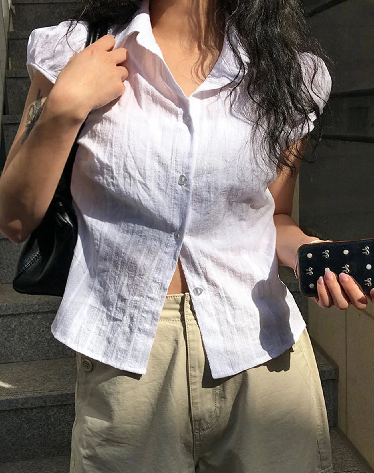 Elegant Fashion Solid Stripped Blouse Basic Slim Turn-Down Collar Short Puff Sleeve Shirts Women 2024 Summer Office Lady