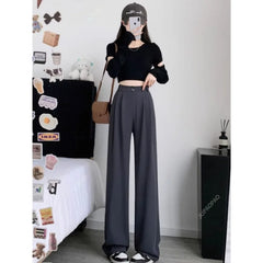 pantsparadises New Women’s Wide Leg Pants Women Korean Style High Waist Black Trouser Office Ladies Fashion Loose Grey Suit Trousers Streetwear