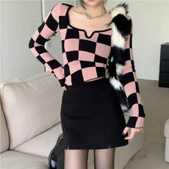 pantsparadises Y2K Plaid Knitting Sweaters Autumn New Long Sleeve Slim Youth Short Korean Pullovers Top Fashion Temperament Women Clothing