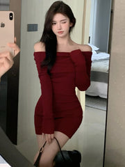 pantsparadises Christmas Oufits Sexy Dresses Women Backless Knitting Slim Y2k Girls Tender Korean Style Soft Casual Autumn Slash Neck Hotsweet Cozy New Clubwear