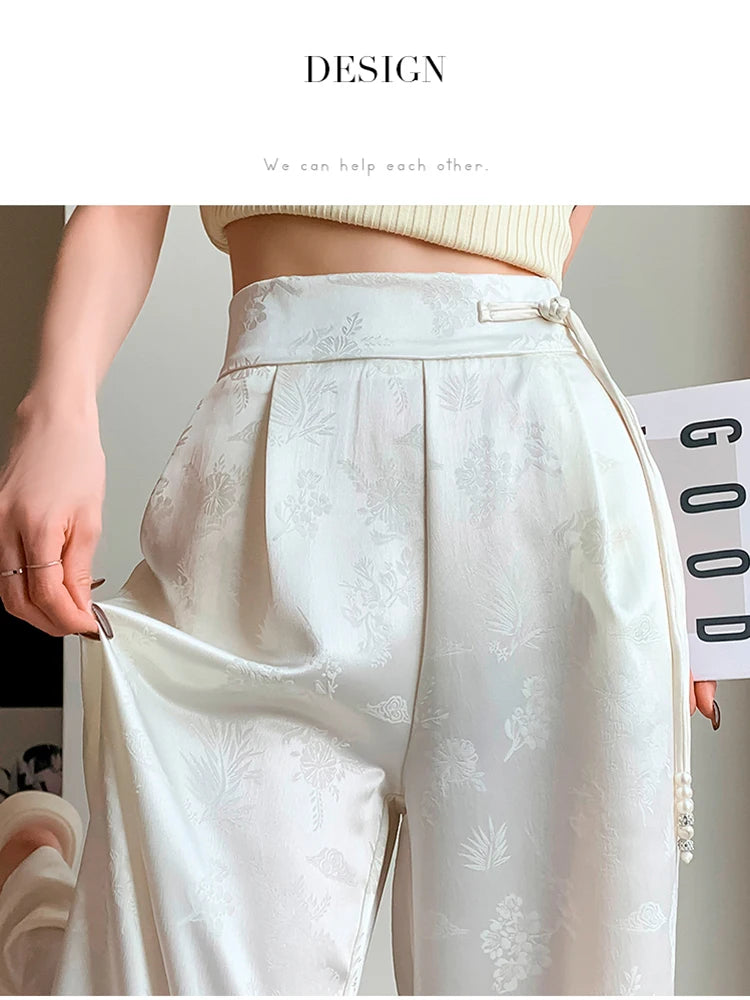 pantsparadises New 2024 Spring Summer Wide Leg Loose Pants For Women Black Or White Color Chinese Style High Waist Jacquard Trousers Women