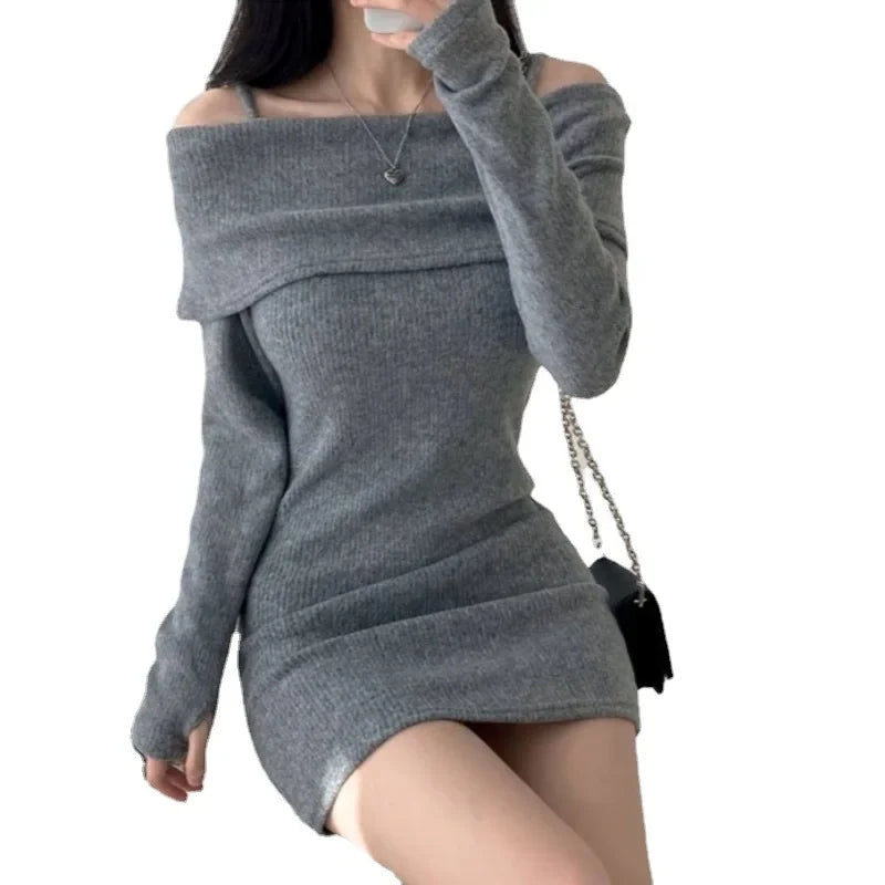 pantsparadises Off Shoulder Suspender Lapel Knit Dress Women Korean Sexy Slim Bottomed Mini Dresses Autumn Winter Solid Suspender Sweater Dress