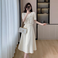 pantsparadises French Vintage Solid Womens Midi Dress Short Sleeve O-neck Elegant Slim Summer Fashion Office Ladies Two Piece Set Clothing