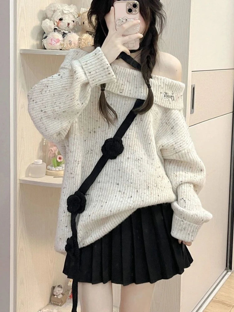 pantsparadises Korean Style Sweet Sweaters Women Sexy Off Shoulder Knitted Pullover Elegant Kawaii Autumn Winter Long Sleeve Sweaters