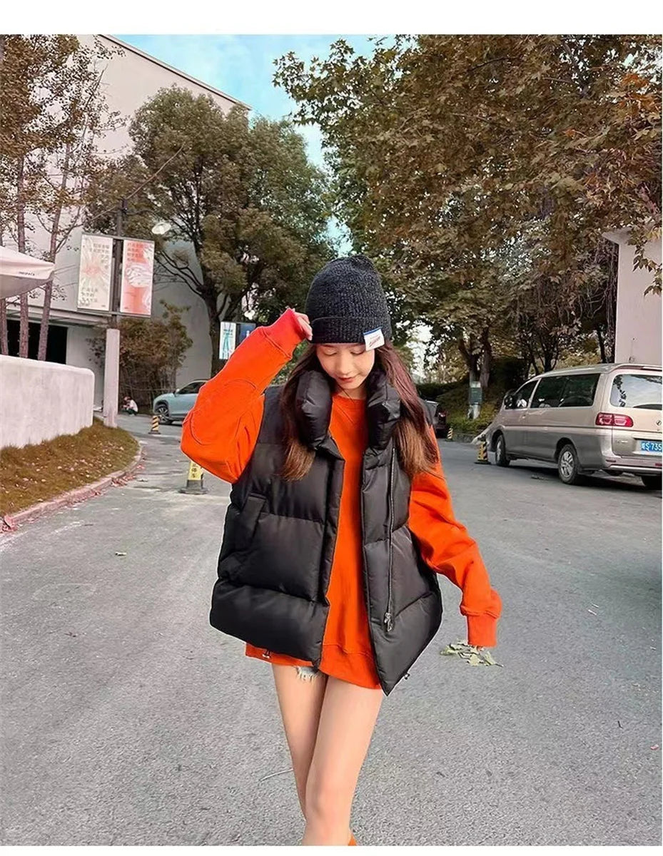 pantsparadises cold weather outfits Women Fashion Autumn New Stand Collar Elegant Down Coats Warm Outerwear Casual Belt Sleeveless Winter Women Vests Jackets