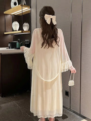 pantsparadises Autumn Lace Strap Dresses for Women Sweet Vintage Korean Style Long Party Dresses Elegant Casual Women's Dresses Designer