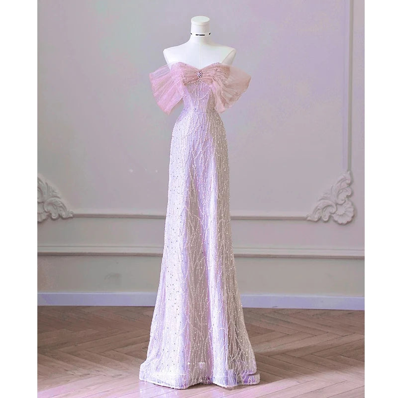 pantsparadises DRESS TO IMPRESS Exquisite Pink Beaded Sequins Wedding Dress Evening Party Gown with Detachable Tulle Train Birthday Dresses Vestidos De Noche