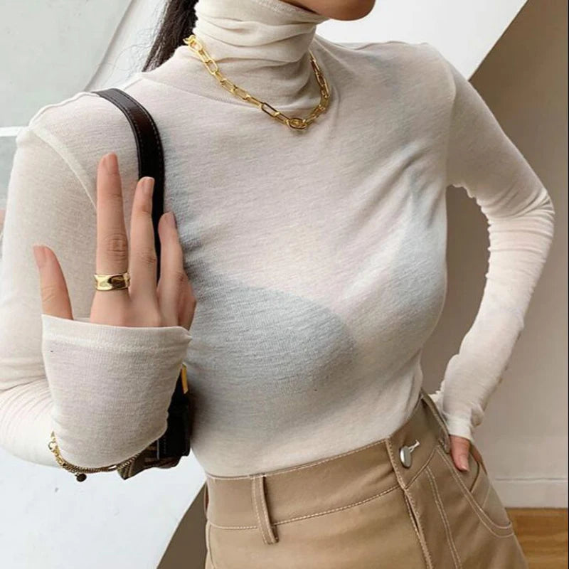 pantsparadises New Basic Turtleneck Long Sleeve Women T-shirt Autumn Winter Long Sleeve Slim Stretch Tops Ladies Sexy All-match Tees