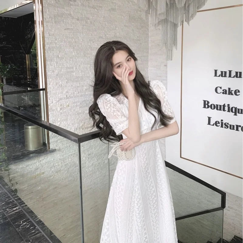 pantsparadises DRESS TO IMPRESS Elegant V-neck Midi Dress Women Summer Puff Sleeve White Casual Party Dress Female Office Kawaii Lace One-piece Dress Korean Y2k