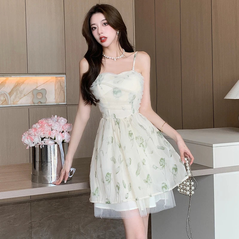 pantsparadises Linen Cotton Dress Women Summer Mini Dress Ladies Vintage A-line Sling Dress Sexy Hot Girl Slash Neck Camisole Ruffle Sundress