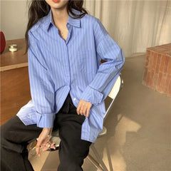 pantsparadises Shirts Women Blue Striped Loose Harajuku Long Sleeve Casual Spring Tops Students All-match Fashion Simple Korean Ulzzang Chic BF