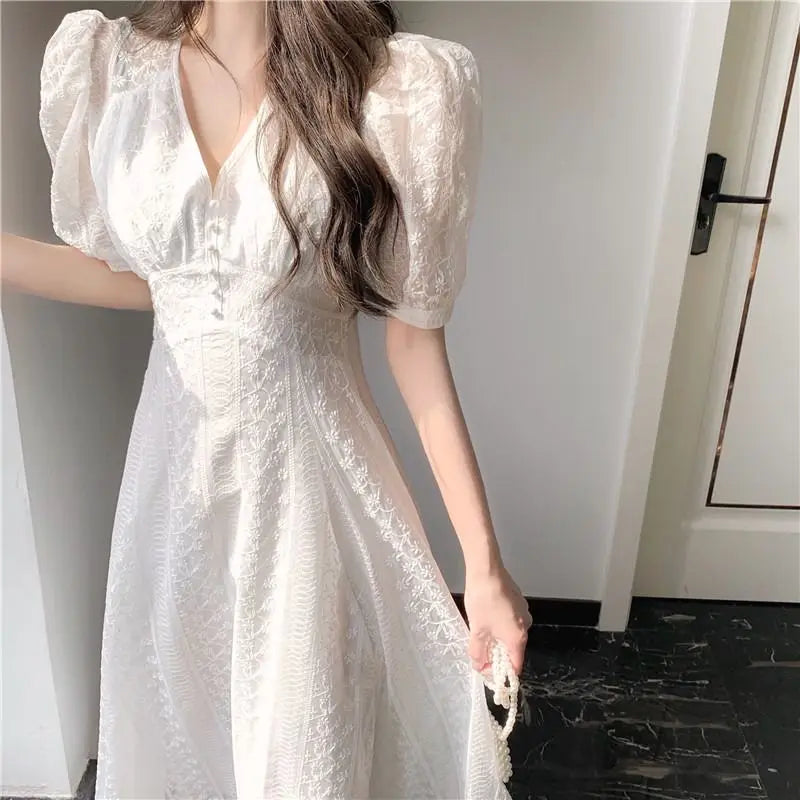 DRESS TO IMPRESS Elegant V-neck Midi Dress Women Summer Puff Sleeve White Casual Party Dress Female Office Kawaii Lace One-piece Dress Korean Y2k