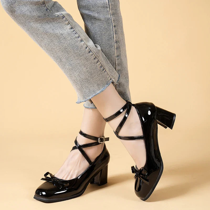 pantsparadises Black Retro Cross-Tie Pumps Casual Summer Round Toe Shoes Ladies Sweet Fashion Shoes Woman Bow Design