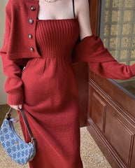 pantsparadises DRESS TO IMPRESS Elegant Red Knitting Dress Women Korean Fashion Office Lady Two Piece Dress Female Winter Warm Casual Christmas Party Dress