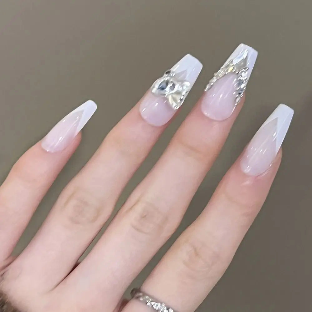 French False Nails White Edge Crystal Blue Gradient Press on Nails Gold Glitter Sequins Lines Full Cover Nail Tips Women Girls