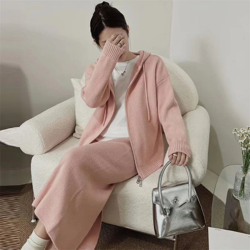 pantsparadises Korean Lazy Style Women Knitted Sweater Casual Set Autumn Winter Hooded Zipper Cardigan Tops Knitwear Long Skirt Two-piece Suit