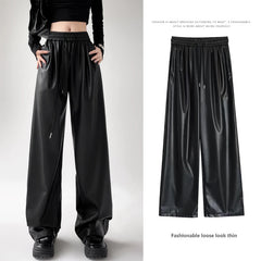 pantsparadises Black Wide PU Leather Pants Women Autumn Vintage Elastic High Waist Y2K Harajuku Baggy Straight Trousers