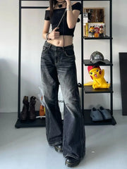 pantsparadises Grunge Y2k Black Jeans Women Baggy Vintage High Street Oversized Denim Trousers Gothic Gyaru 2000s Acubi Fashion Jeans