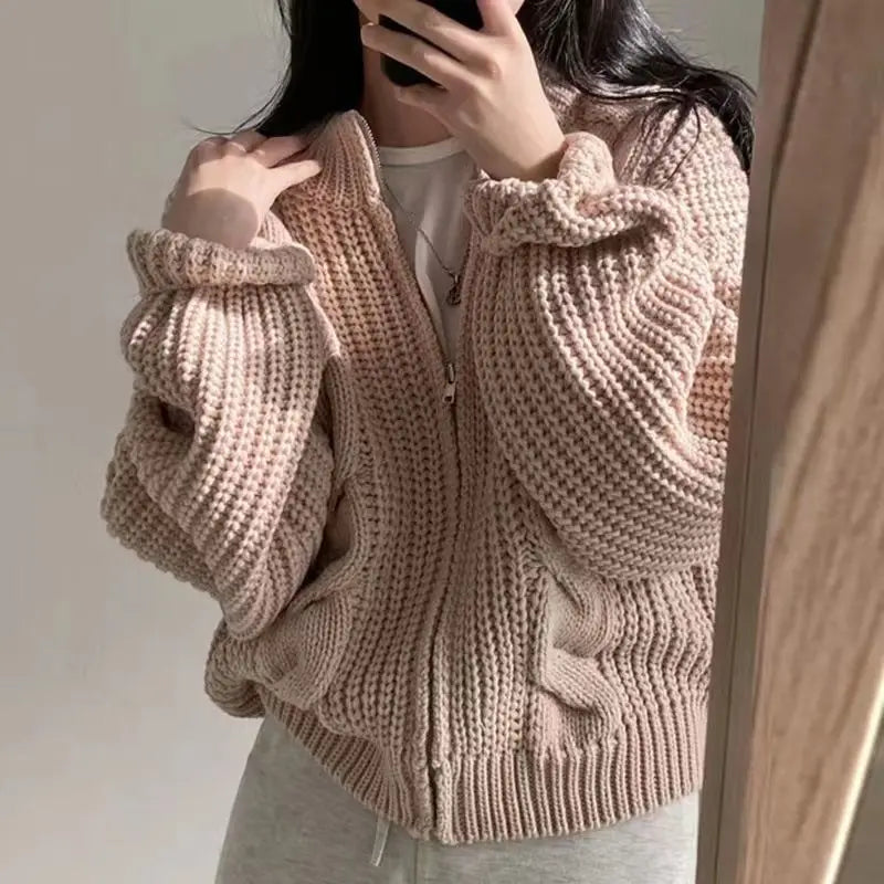 pantsparadises FALL OUTFITS Chic Zipper Up Knitted Cardigan Women Autumn Winter Solid Color Twisted Sweater Woman Wild Long Sleeve Jumper Coats Mujer