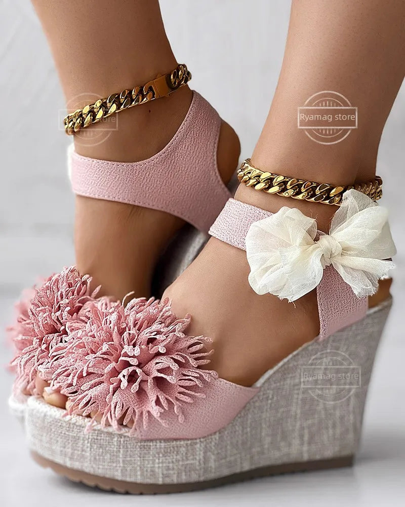 pantsparadises Sandals Women's Floral Pattern Bowknot Decor Platform Wedge Espadrilles Platform Bow High Heels Women's Slippers Shoes